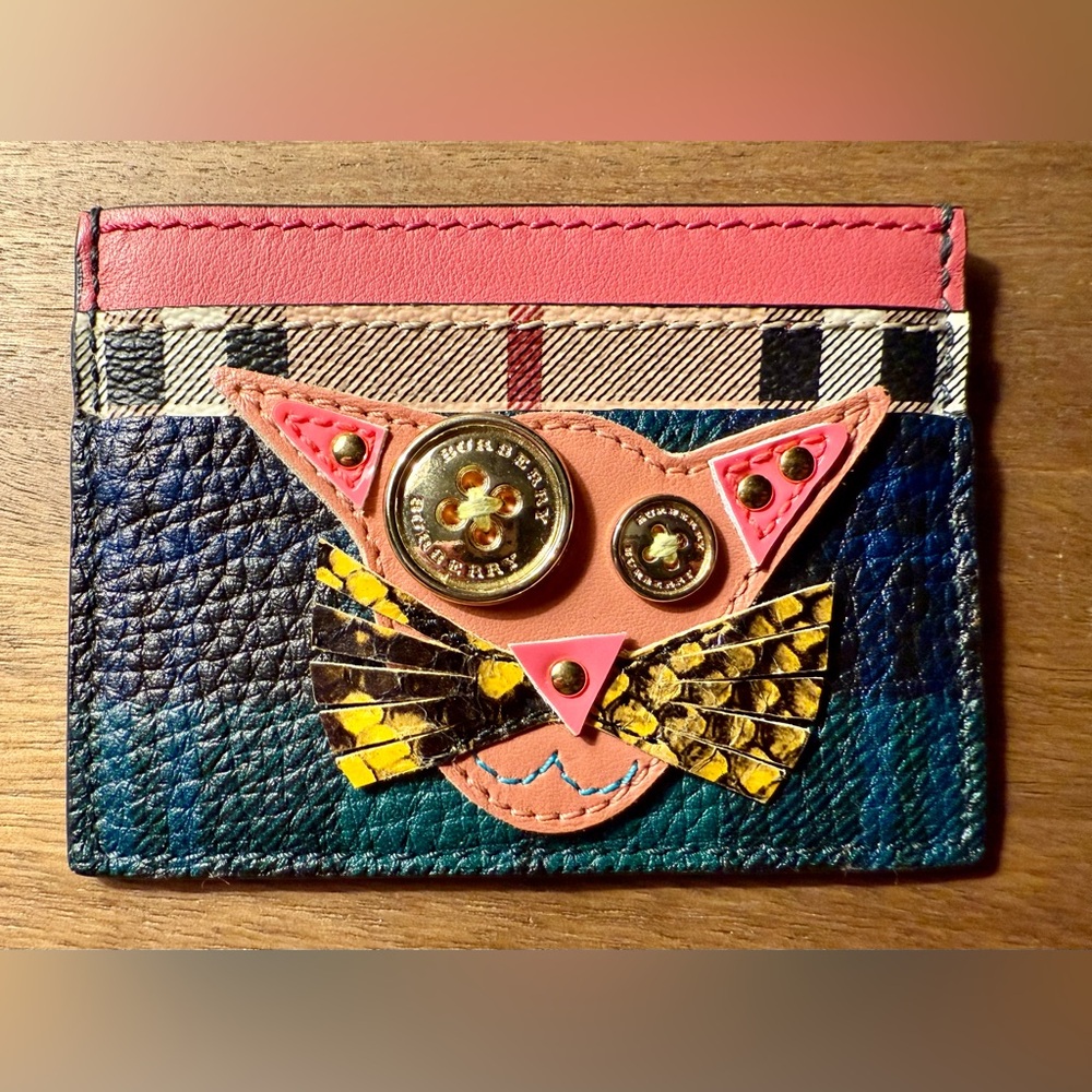 Burberry Calfskin Haymarket Check Cat Appliqué Card Case